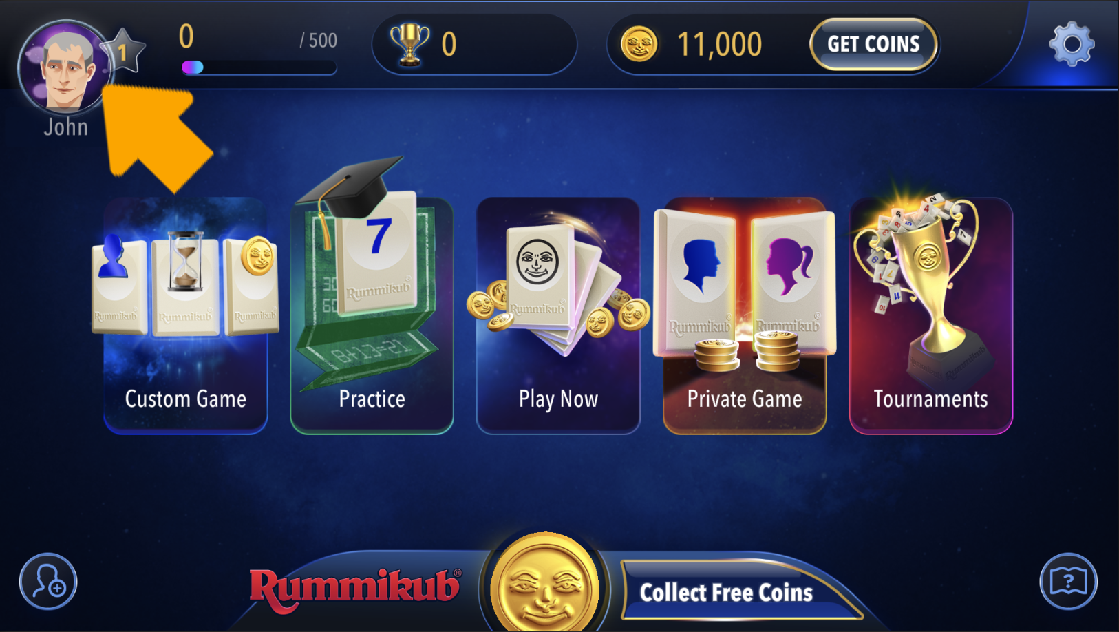 DeleteRummikubUser1 Shows where the player needs to click to enter the Avatar screen