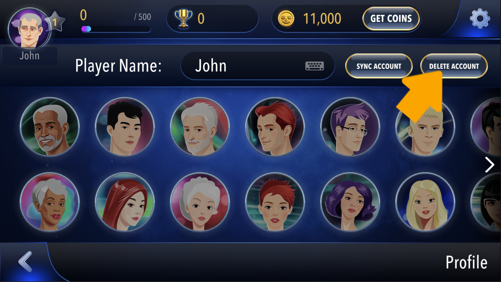 DeleteRummikubUser3 Shows where the player needs to click to open the DELETE ACCOUNT popup