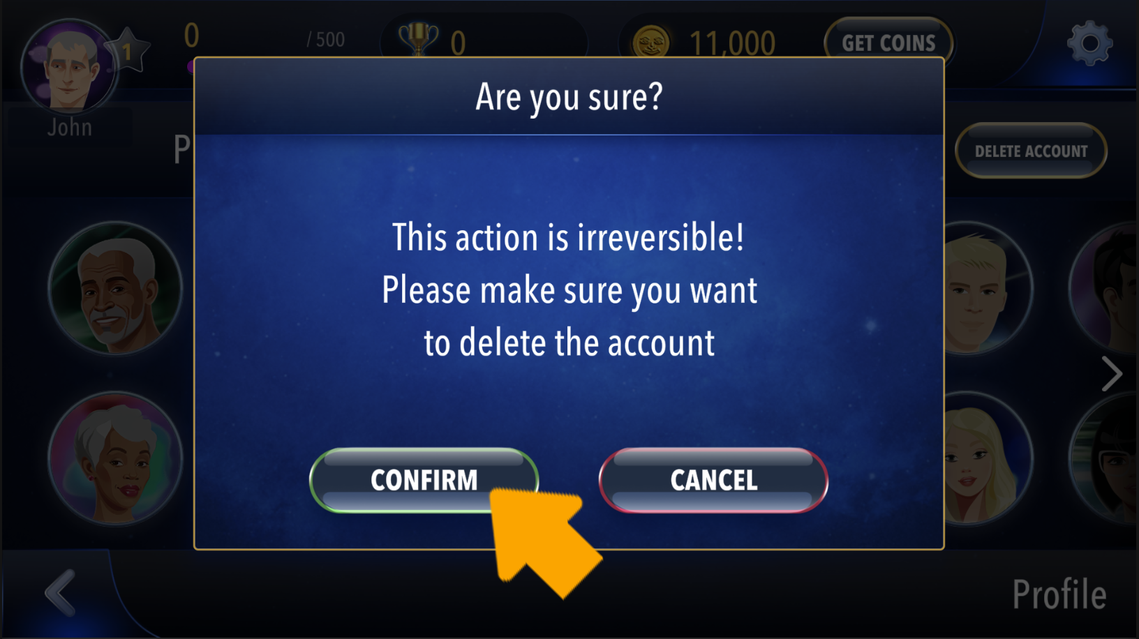 DeleteRummikubUser5 Shows where the player needs to click to permanently delete the account